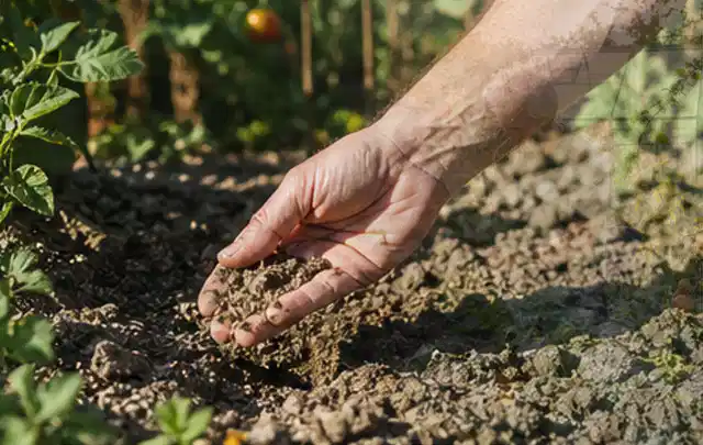 Hand prüft trockene krümelige Gartenerde während einer warmen Sommerphase; Thema Rain Bird Bewässerung, Schwerpunkt Gärten mit großer Fläche; Ausgangslage.