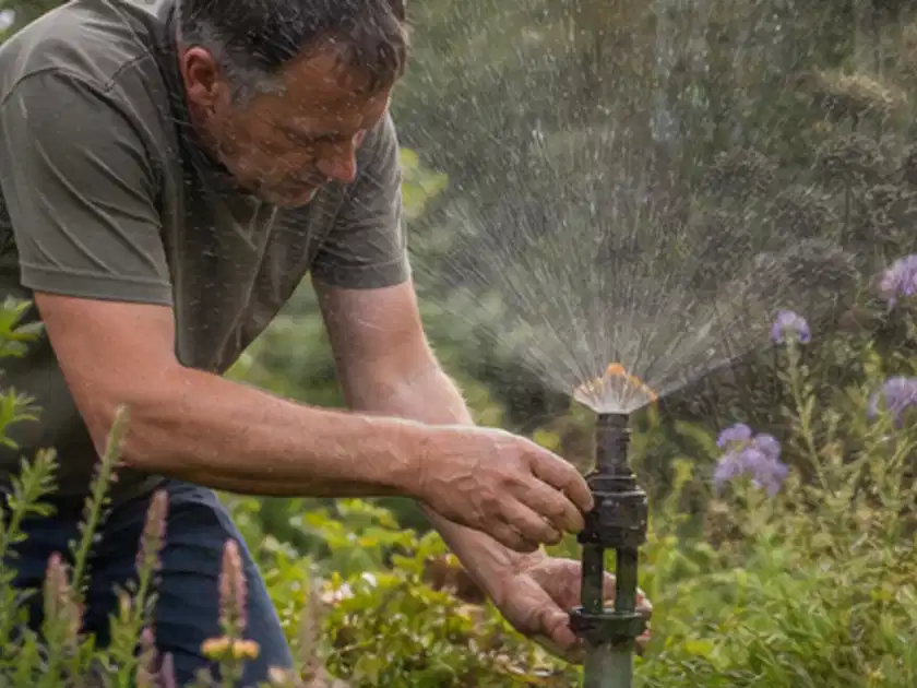 Person richtet einen laufenden Gartensprenger zwischen Stauden präzise aus; Thema Rain Bird Bewässerung, Schwerpunkt Gärten mit kleiner Fläche; Titelbild.