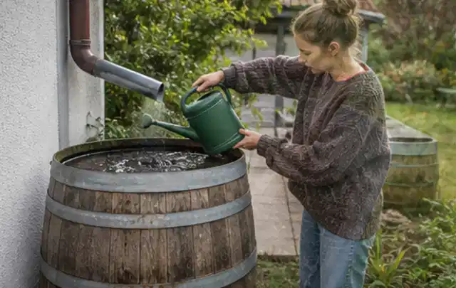 Person kontrolliert ein gefülltes Regenfass unter einem Fallrohr am Haus; Thema Rain Bird Bewässerung, Schwerpunkt Gärten mit kleiner Fläche; Kontrolle.