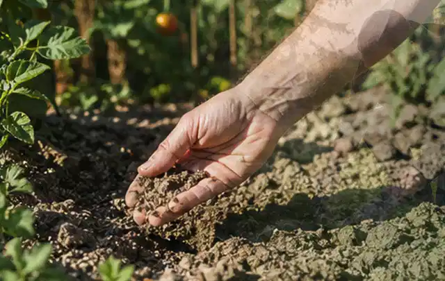 Hand prüft trockene krümelige Gartenerde während einer warmen Sommerphase; Thema Rain Bird Bewässerung, Schwerpunkt Gärten mit kleiner Fläche; Ergebnis.