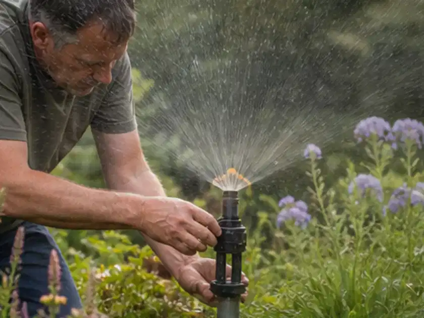 Person richtet einen laufenden Gartensprenger zwischen Stauden präzise aus; Thema Rain Bird Bewässerung, Schwerpunkt Kosten; Titelbild.