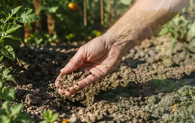 Hand prüft trockene krümelige Gartenerde während einer warmen Sommerphase; Thema Rain Bird Bewässerung, Schwerpunkt Reparatur; Umsetzung.