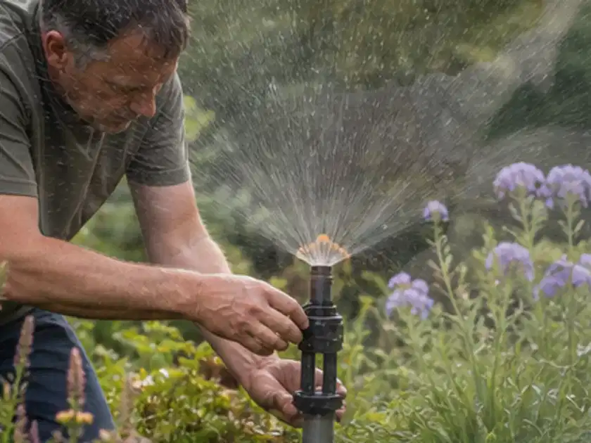 Person richtet einen laufenden Gartensprenger zwischen Stauden präzise aus; Thema Rain Bird Bewässerung, Schwerpunkt Systemvergleich; Titelbild.
