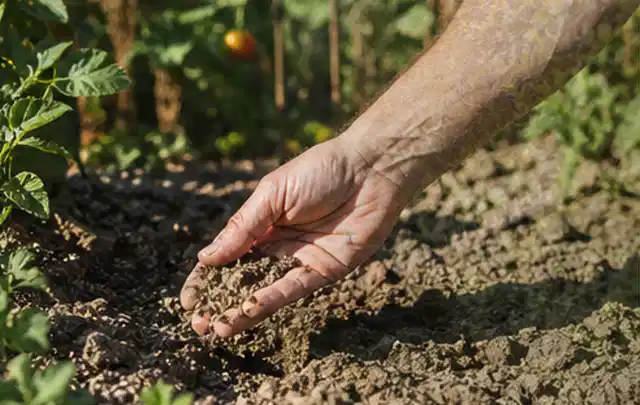 Hand prüft trockene krümelige Gartenerde während einer warmen Sommerphase; Thema Rain Bird Bewässerung, Schwerpunkt Systemvergleich; Kontrolle.