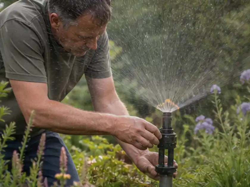 Person richtet einen laufenden Gartensprenger zwischen Stauden präzise aus; Thema Rain Bird Bewässerung, Schwerpunkt Winterlager; Titelbild.