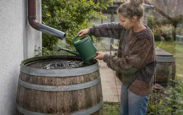 Person kontrolliert ein gefülltes Regenfass unter einem Fallrohr am Haus; Thema Rain Bird Bewässerung, Schwerpunkt Winterlager; Kontrolle.