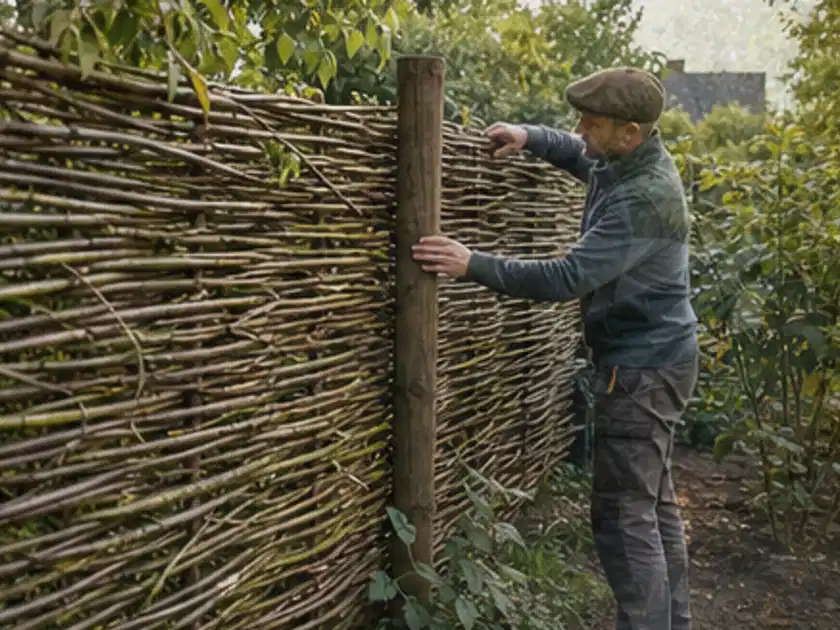 Person befestigt geflochtene Weidenruten an stabilen Holzpfosten im Garten; Thema Rankpflanzen als Sichtschutz, Schwerpunkt Aufbau; Titelbild.