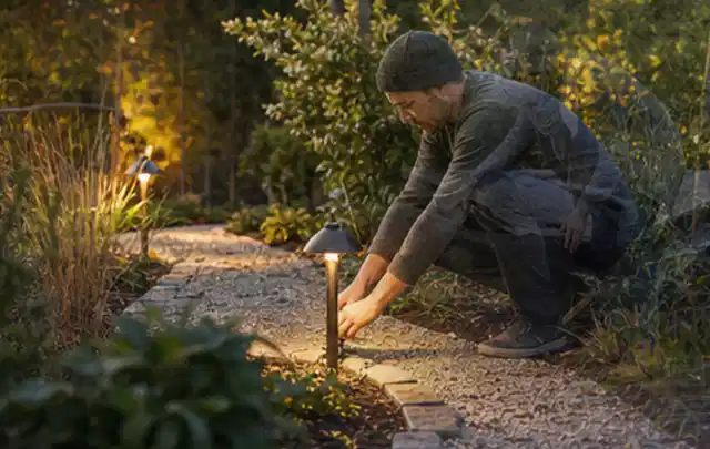 Person richtet eine niedrige warm leuchtende Gartenlampe am Kiesweg aus; Thema Rankpflanzen als Sichtschutz, Schwerpunkt Aufbau; Ausgangslage.
