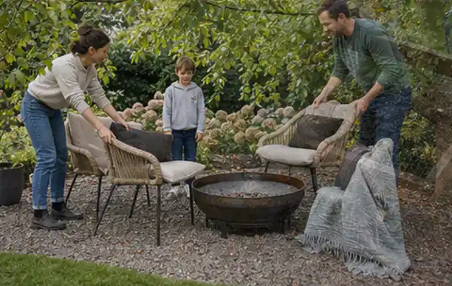 Familie stellt wetterfeste Sessel an einem geschützten Sitzplatz im Garten auf; Thema Rankpflanzen als Sichtschutz, Schwerpunkt Aufbau; Ergebnis.