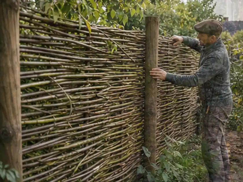 Person befestigt geflochtene Weidenruten an stabilen Holzpfosten im Garten; Thema Rankpflanzen als Sichtschutz, Schwerpunkt Baurecht; Titelbild.