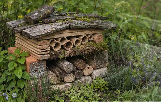 Naturnaher Unterschlupf aus Holz Rinde und Pflanzenstängeln im Garten; Thema Rankpflanzen als Sichtschutz, Schwerpunkt Baurecht; Umsetzung.