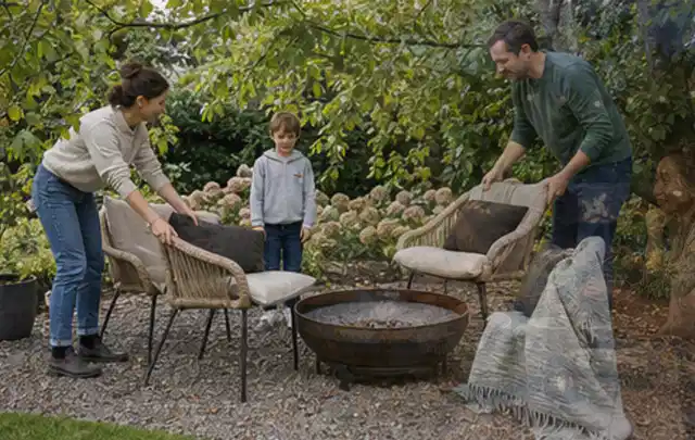 Familie stellt wetterfeste Sessel an einem geschützten Sitzplatz im Garten auf; Thema Rankpflanzen als Sichtschutz, Schwerpunkt Baurecht; Ergebnis.