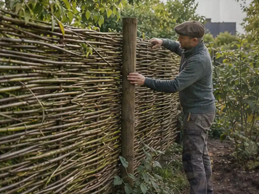 Person befestigt geflochtene Weidenruten an stabilen Holzpfosten im Garten; Thema Rankpflanzen als Sichtschutz, Schwerpunkt Checkliste; Titelbild.