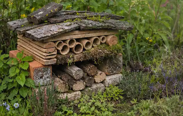 Naturnaher Unterschlupf aus Holz Rinde und Pflanzenstängeln im Garten; Thema Rankpflanzen als Sichtschutz, Schwerpunkt Checkliste; Ausgangslage.