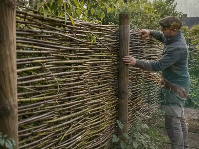 Person befestigt geflochtene Weidenruten an stabilen Holzpfosten im Garten; Thema Rankpflanzen als Sichtschutz, Schwerpunkt Dimensionierung; Titelbild.
