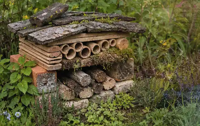 Naturnaher Unterschlupf aus Holz Rinde und Pflanzenstängeln im Garten; Thema Rankpflanzen als Sichtschutz, Schwerpunkt Dimensionierung; Umsetzung.