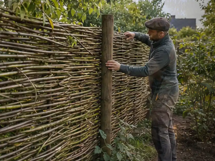 Person befestigt geflochtene Weidenruten an stabilen Holzpfosten im Garten; Thema Rankpflanzen als Sichtschutz, Schwerpunkt DIY; Titelbild.