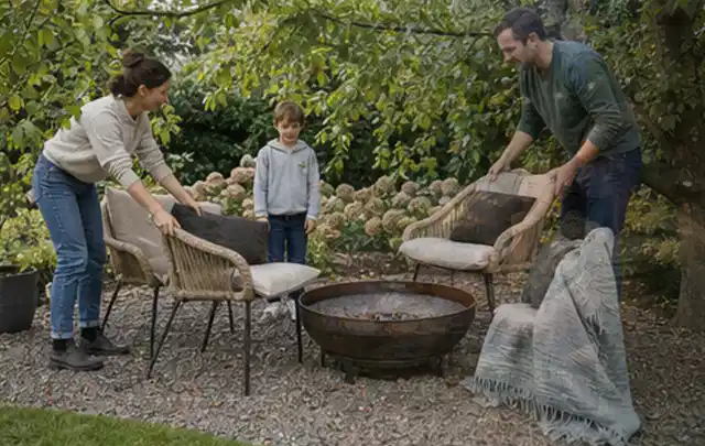 Familie stellt wetterfeste Sessel an einem geschützten Sitzplatz im Garten auf; Thema Rankpflanzen als Sichtschutz, Schwerpunkt DIY; Ausgangslage.
