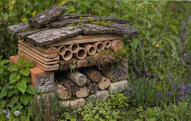 Naturnaher Unterschlupf aus Holz Rinde und Pflanzenstängeln im Garten; Thema Rankpflanzen als Sichtschutz, Schwerpunkt DIY; Kontrolle.