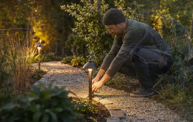 Person richtet eine niedrige warm leuchtende Gartenlampe am Kiesweg aus; Thema Rankpflanzen als Sichtschutz, Schwerpunkt DIY; Praxisalltag.