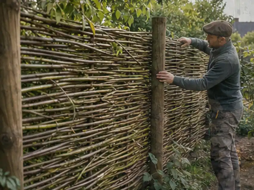 Person befestigt geflochtene Weidenruten an stabilen Holzpfosten im Garten; Thema Rankpflanzen als Sichtschutz, Schwerpunkt Fehlerhilfe; Titelbild.