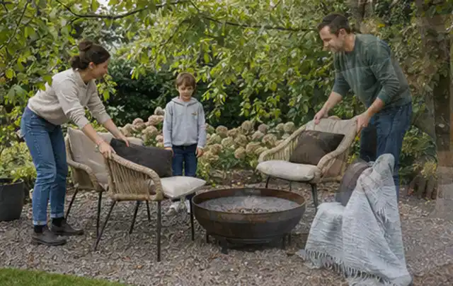 Familie stellt wetterfeste Sessel an einem geschützten Sitzplatz im Garten auf; Thema Rankpflanzen als Sichtschutz, Schwerpunkt Fehlerhilfe; Ergebnis.