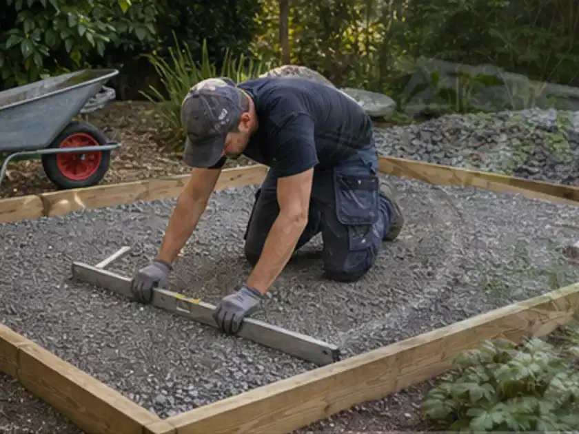 Person richtet eine verdichtete Kiesfläche mit Wasserwaage und Abziehlatte aus; Thema Rankpflanzen als Sichtschutz, Schwerpunkt Fundament; Titelbild.