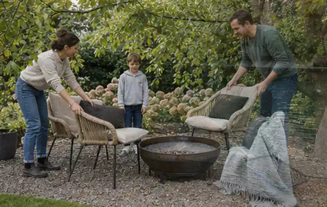 Familie stellt wetterfeste Sessel an einem geschützten Sitzplatz im Garten auf; Thema Rankpflanzen als Sichtschutz, Schwerpunkt Fundament; Ergebnis.