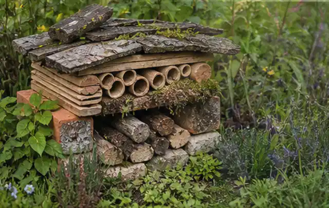 Naturnaher Unterschlupf aus Holz Rinde und Pflanzenstängeln im Garten; Thema Rankpflanzen als Sichtschutz, Schwerpunkt Fundament; Praxisalltag.