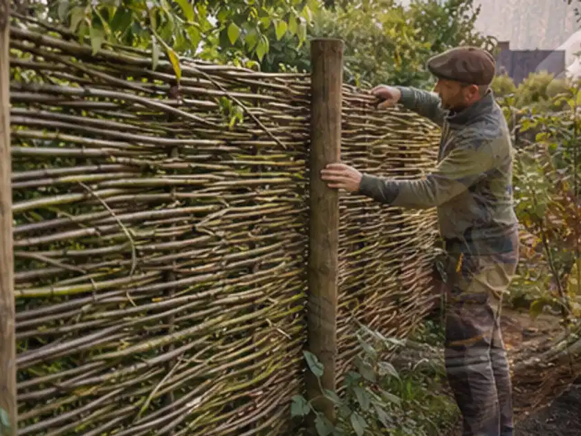 Person befestigt geflochtene Weidenruten an stabilen Holzpfosten im Garten; Thema Rankpflanzen als Sichtschutz, Schwerpunkt Gärten mit kleiner Fläche;…