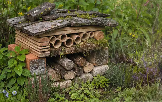 Naturnaher Unterschlupf aus Holz Rinde und Pflanzenstängeln im Garten; Thema Rankpflanzen als Sichtschutz, Schwerpunkt Gärten mit kleiner Fläche;…