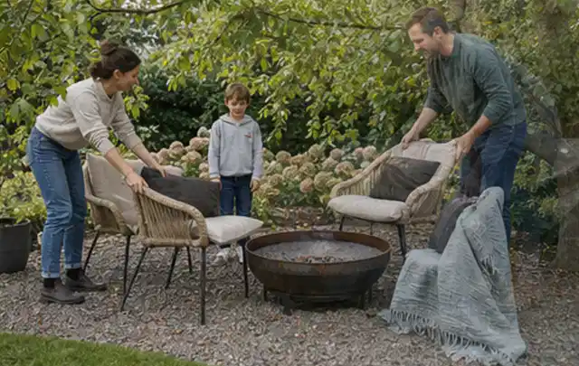 Familie stellt wetterfeste Sessel an einem geschützten Sitzplatz im Garten auf; Thema Rankpflanzen als Sichtschutz, Schwerpunkt Gärten mit kleiner…