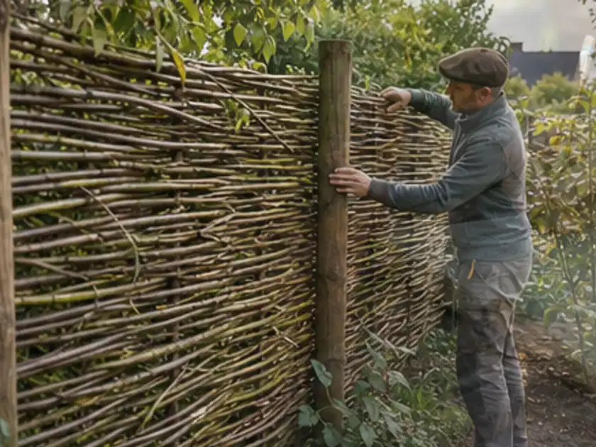Person befestigt geflochtene Weidenruten an stabilen Holzpfosten im Garten; Thema Rankpflanzen als Sichtschutz, Schwerpunkt Gestaltung; Titelbild.