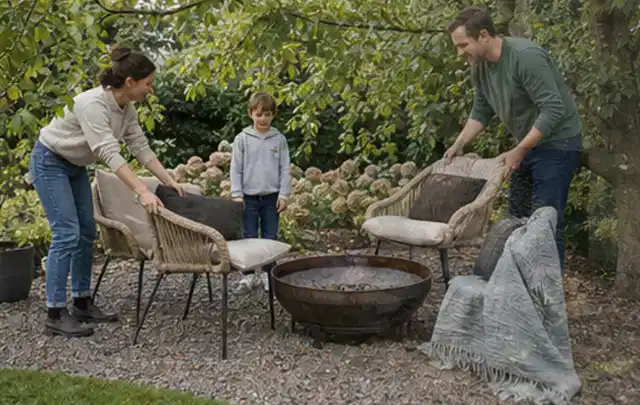 Familie stellt wetterfeste Sessel an einem geschützten Sitzplatz im Garten auf; Thema Rankpflanzen als Sichtschutz, Schwerpunkt Gestaltung; Kontrolle.