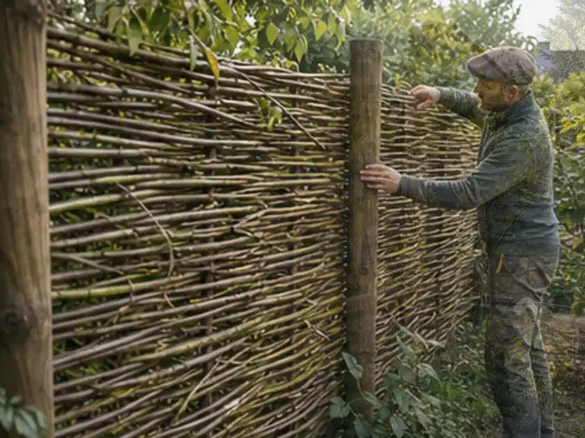Person befestigt geflochtene Weidenruten an stabilen Holzpfosten im Garten; Thema Rankpflanzen als Sichtschutz, Schwerpunkt Kosten; Titelbild.