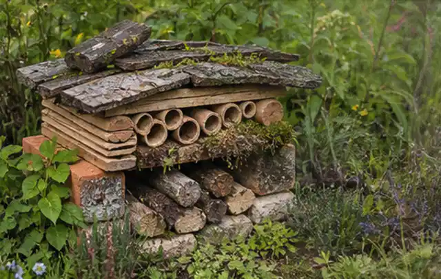 Naturnaher Unterschlupf aus Holz Rinde und Pflanzenstängeln im Garten; Thema Rankpflanzen als Sichtschutz, Schwerpunkt Kosten; Ergebnis.