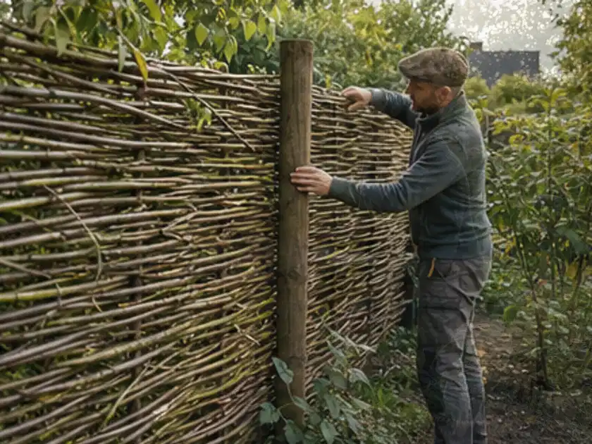 Person befestigt geflochtene Weidenruten an stabilen Holzpfosten im Garten; Thema Rankpflanzen als Sichtschutz, Schwerpunkt Materialwahl; Titelbild.