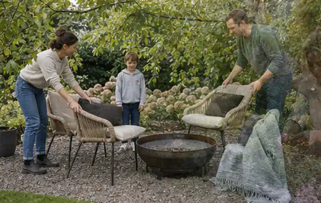 Familie stellt wetterfeste Sessel an einem geschützten Sitzplatz im Garten auf; Thema Rankpflanzen als Sichtschutz, Schwerpunkt Materialwahl; Praxisalltag.