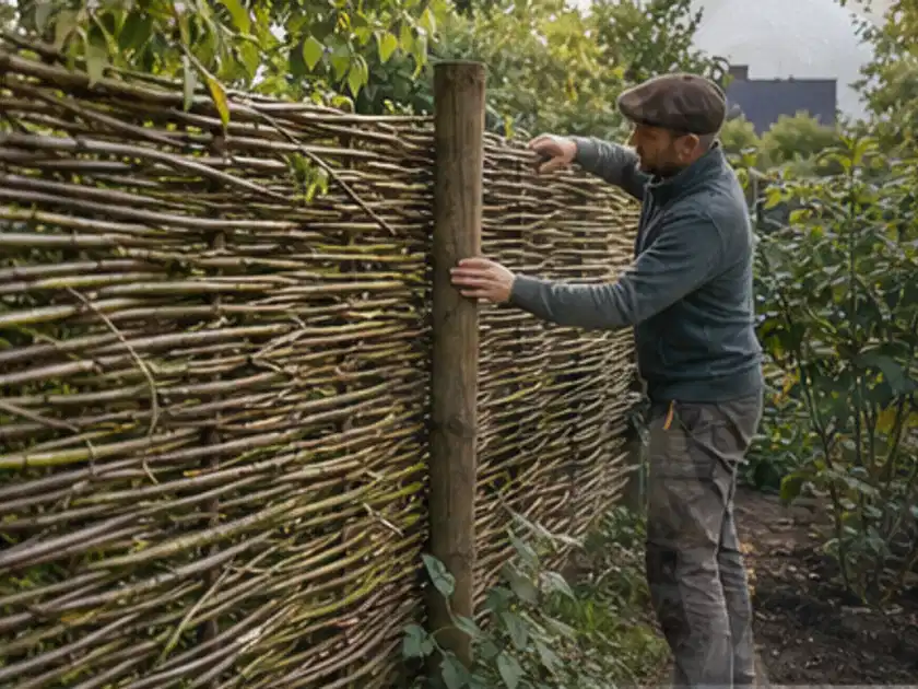Person befestigt geflochtene Weidenruten an stabilen Holzpfosten im Garten; Thema Rankpflanzen als Sichtschutz, Schwerpunkt Nachhaltigkeit; Titelbild.
