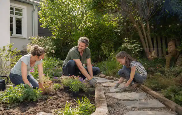 Familie geht auf einem Weg durch einen abwechslungsreich gestalteten Garten; Thema Rankpflanzen als Sichtschutz, Schwerpunkt Nachhaltigkeit; Umsetzung.