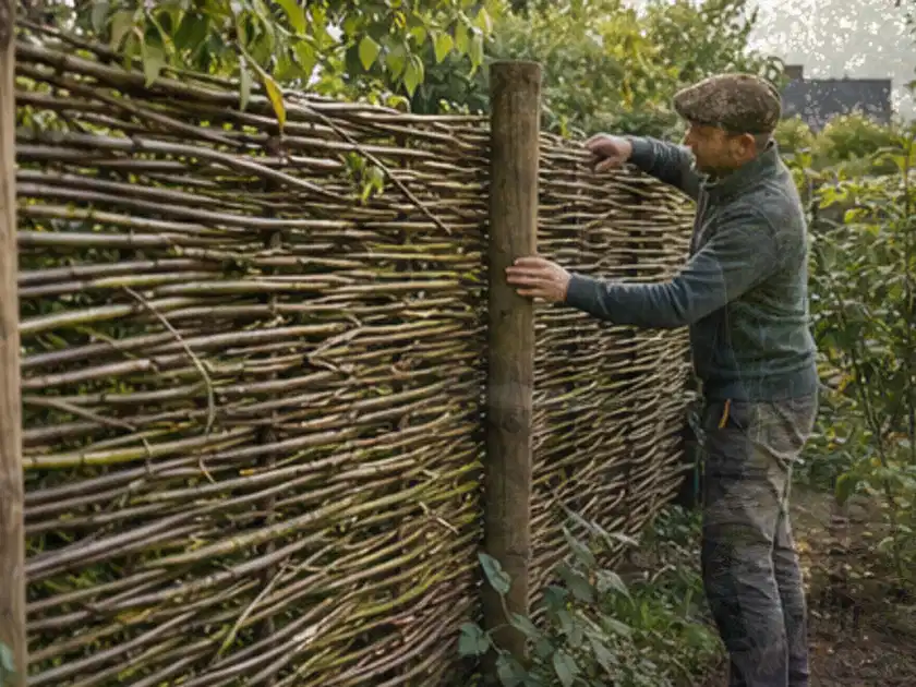 Person befestigt geflochtene Weidenruten an stabilen Holzpfosten im Garten; Thema Rankpflanzen als Sichtschutz, Schwerpunkt Pflege; Titelbild.