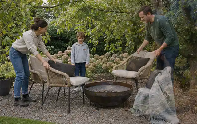 Familie stellt wetterfeste Sessel an einem geschützten Sitzplatz im Garten auf; Thema Rankpflanzen als Sichtschutz, Schwerpunkt Pflege; Kontrolle.