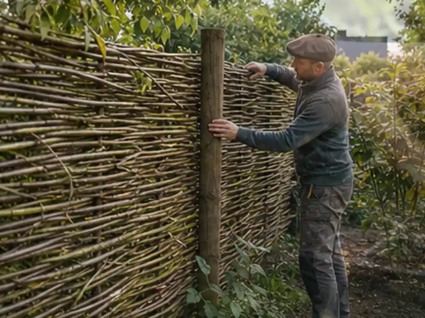 Person befestigt geflochtene Weidenruten an stabilen Holzpfosten im Garten; Thema Rankpflanzen als Sichtschutz, Schwerpunkt Planung; Titelbild.