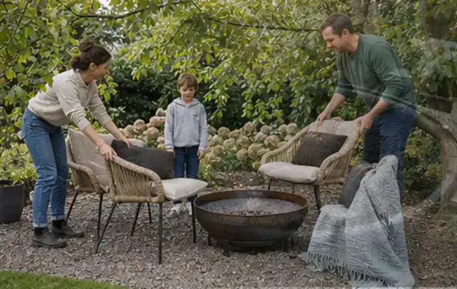 Familie stellt wetterfeste Sessel an einem geschützten Sitzplatz im Garten auf; Thema Rankpflanzen als Sichtschutz, Schwerpunkt Planung; Umsetzung.