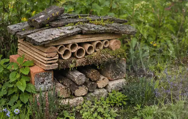 Naturnaher Unterschlupf aus Holz Rinde und Pflanzenstängeln im Garten; Thema Rankpflanzen als Sichtschutz, Schwerpunkt Planung; Kontrolle.