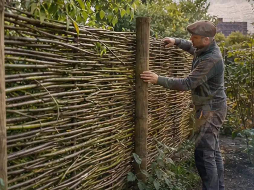 Person befestigt geflochtene Weidenruten an stabilen Holzpfosten im Garten; Thema Rankpflanzen als Sichtschutz, Schwerpunkt Standort; Titelbild.