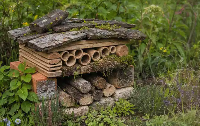 Naturnaher Unterschlupf aus Holz Rinde und Pflanzenstängeln im Garten; Thema Rankpflanzen als Sichtschutz, Schwerpunkt Standort; Ergebnis.