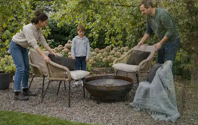 Familie stellt wetterfeste Sessel an einem geschützten Sitzplatz im Garten auf; Thema Rankpflanzen als Sichtschutz, Schwerpunkt Standort; Praxisalltag.