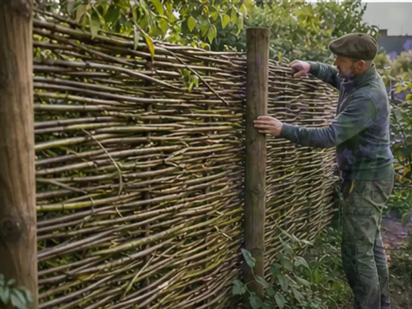 Person befestigt geflochtene Weidenruten an stabilen Holzpfosten im Garten; Thema Rankpflanzen als Sichtschutz, Schwerpunkt Winterschutz; Titelbild.