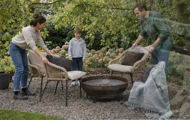 Familie stellt wetterfeste Sessel an einem geschützten Sitzplatz im Garten auf; Thema Rankpflanzen als Sichtschutz, Schwerpunkt Winterschutz; Umsetzung.